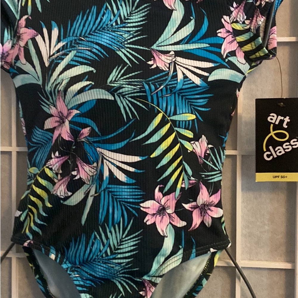 art class Black One-Piece Swimsuit with Blue Teal Pink Yellow Tropical Print